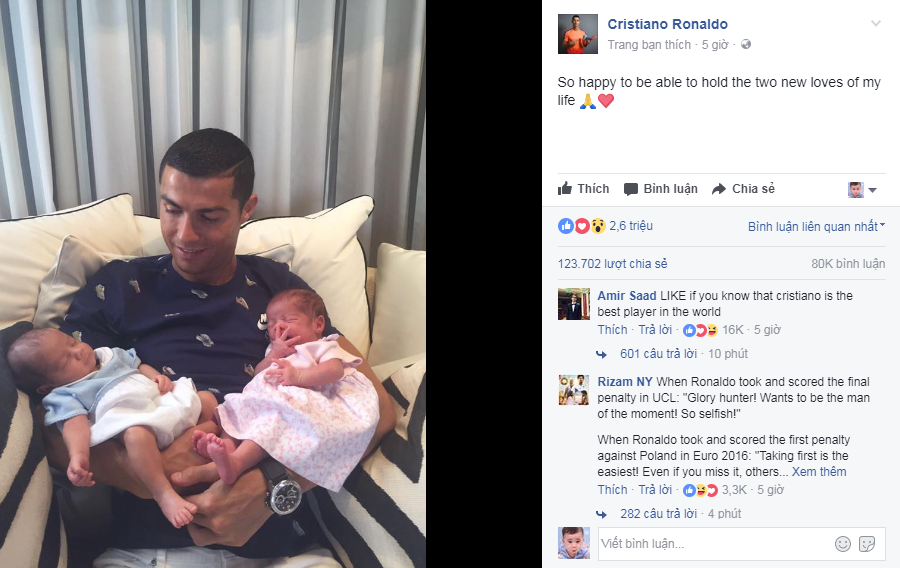 Ronaldo hạnh phúc khoe cặp song sinh lên mạng khiến NHM phát cuồng